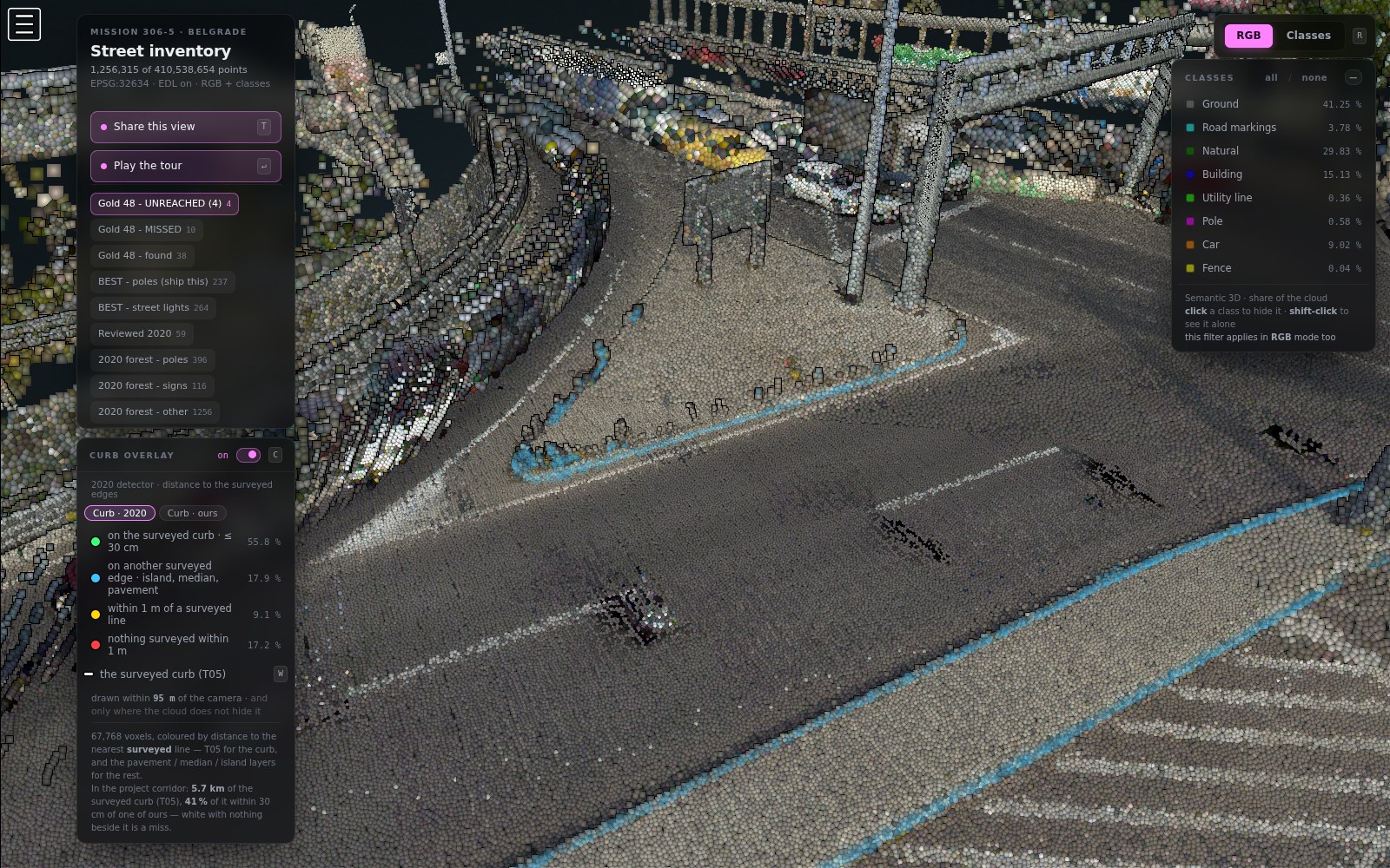 A pedestrian island on mission 306-5, shown blue because it is surveyed in another layer.