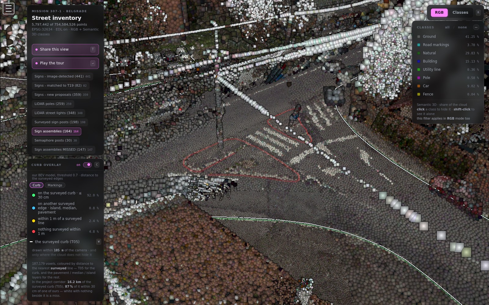 An unsurveyed kerbed island inside a junction on 307-1, drawn red because the register has no line there.
