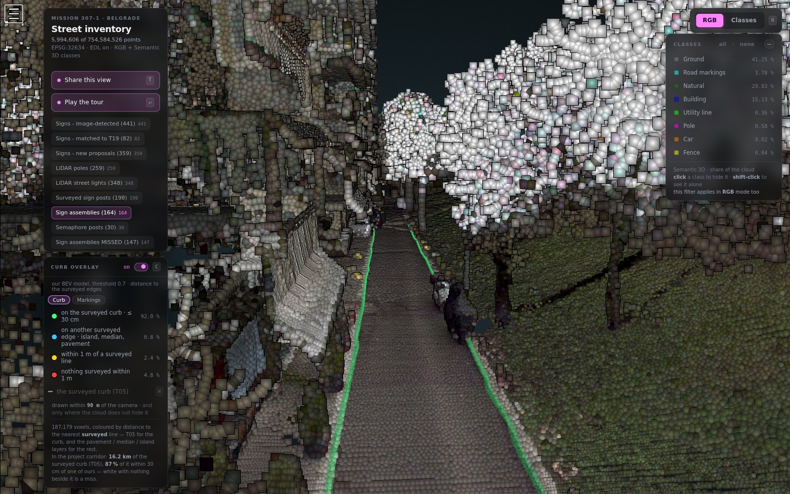 The same view with the surveyed line hidden, leaving only the model's own kerb.