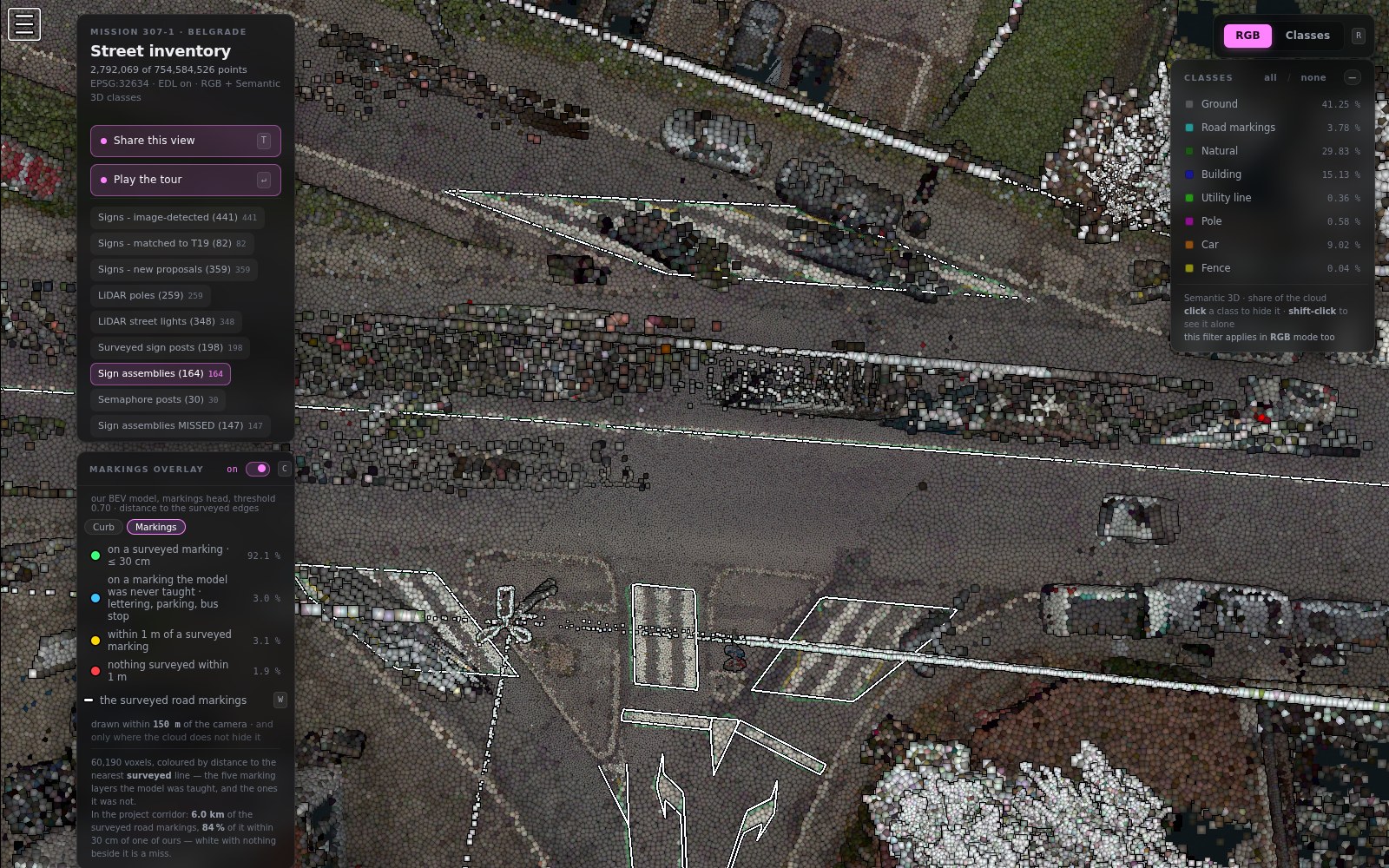 The markings overlay seen straight down over a junction, green tracing the painted crossings and arrows.