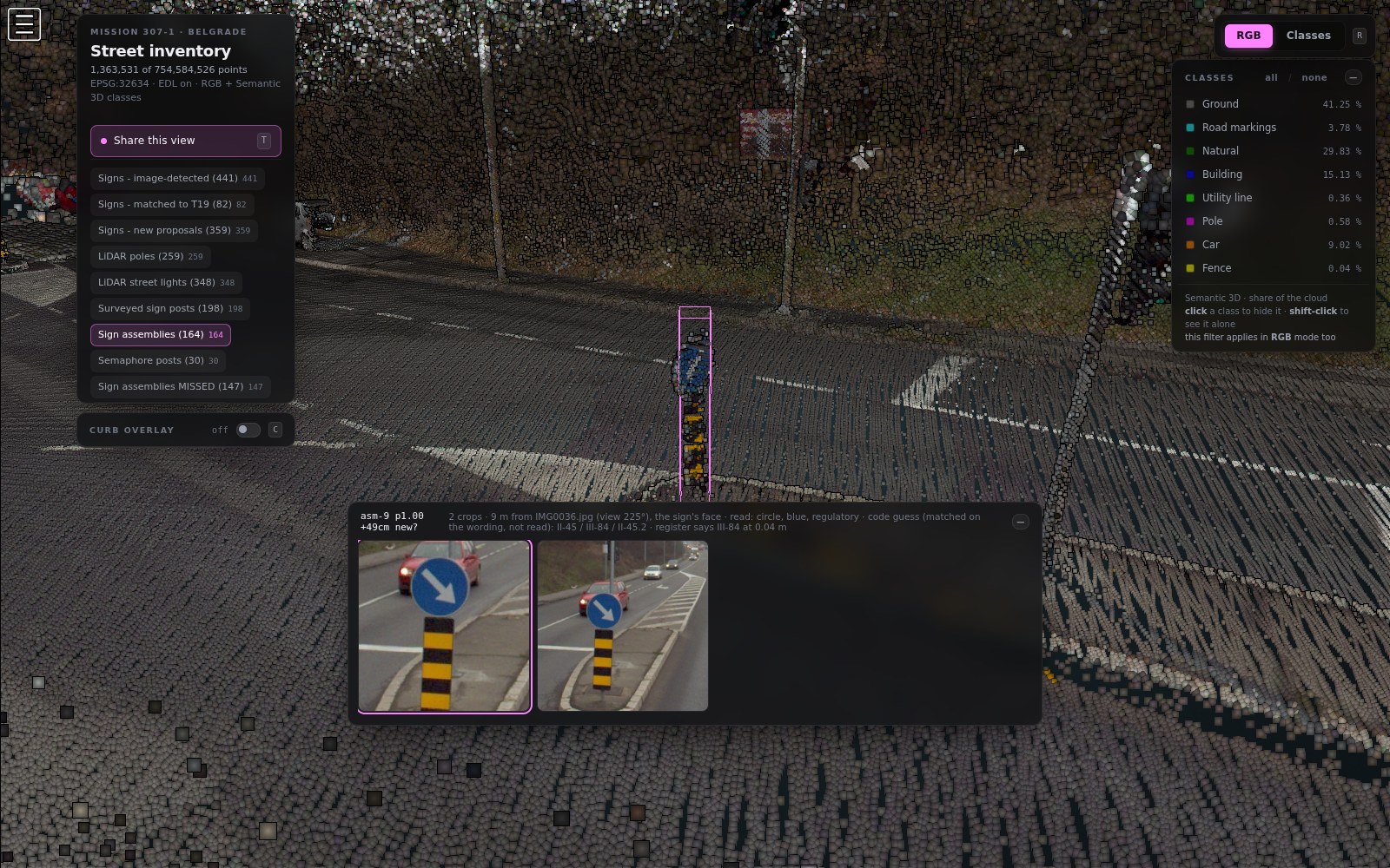 A sign assembly in the point cloud with its two photographs and the model's reading beneath.